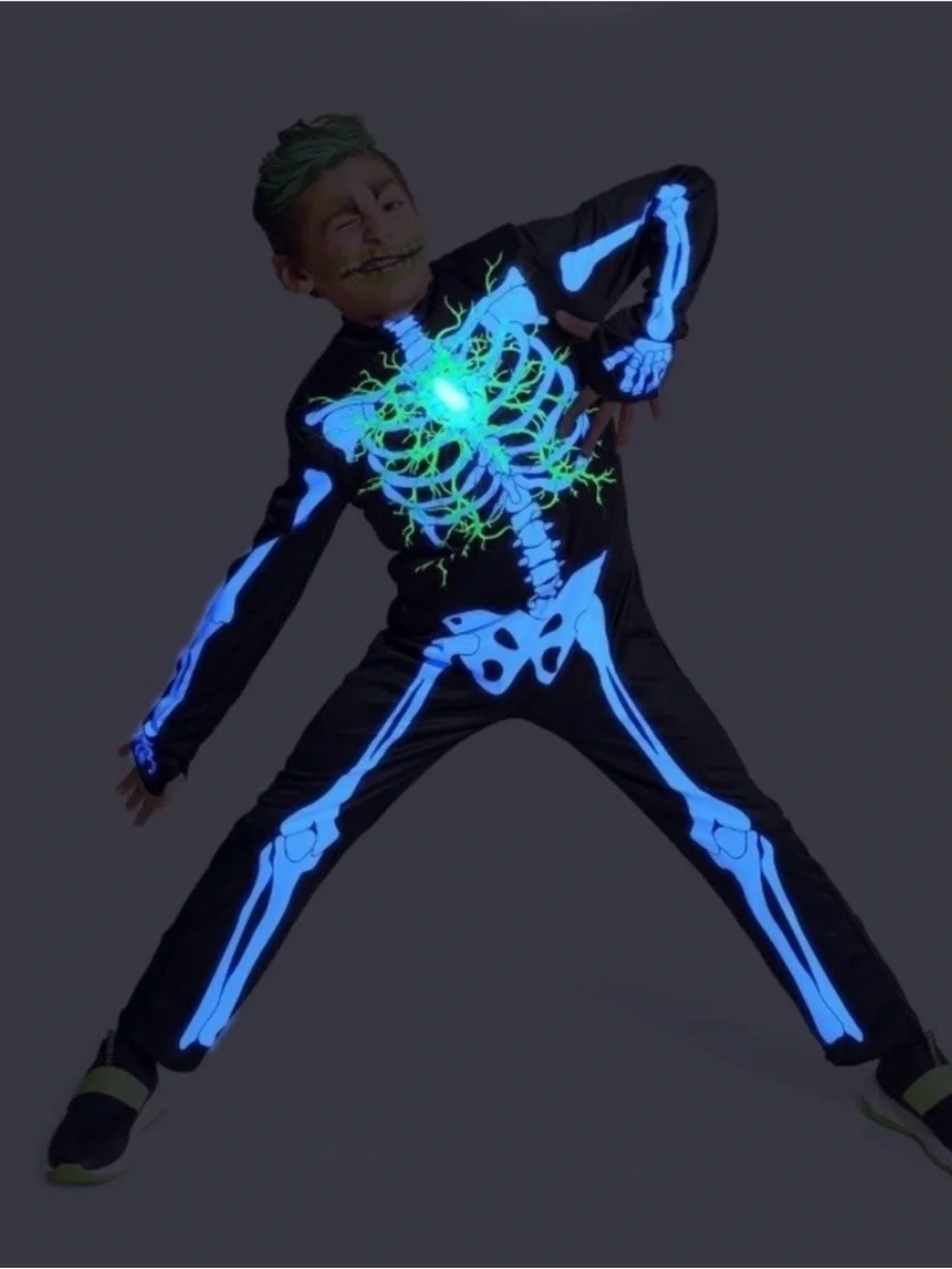Hyde & EEK! Kids Black Light-Up Skeleton Costume with Glowing Chest (S 6-7)